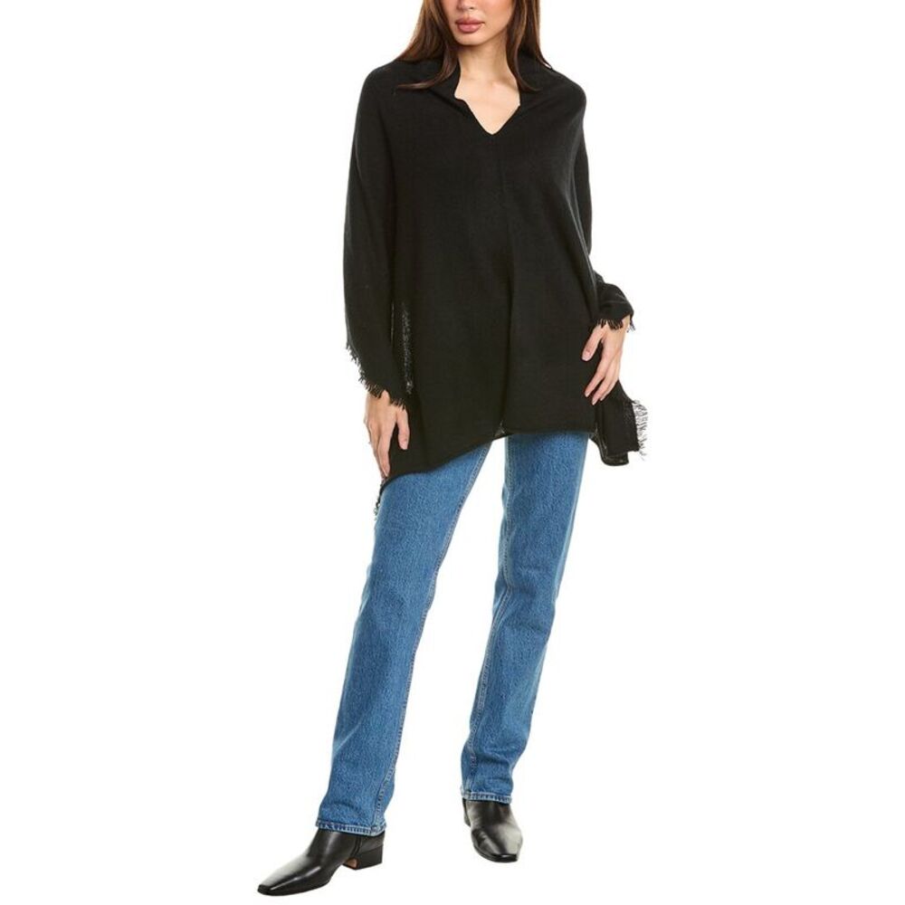 Amicale Cashmere Fringe Cashmere Poncho, Black